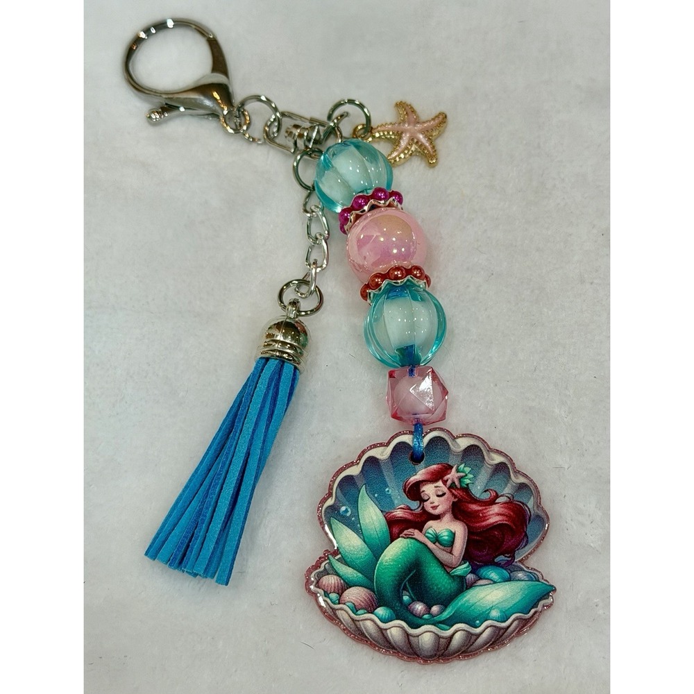 6 1/2" Little Mermaid Acrylic Glitter Flatback Bag Charm/Keychain w/Starfish